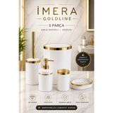 İmera Goldline 5 Parça Akrilik Banyo Seti Beyaz Gold – Çöp Kovası, WC Fırçası, Sıvı Sabunluk, Diş Fırçalık, Katı Sabunluk