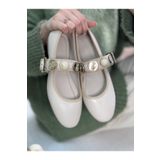 İmerShoes Günlük Kadın Bej Babet Inci Altın Bant Toka Oval Burun Hafif Ortopedik Rahat Ev Ofis Ayakkabı 300