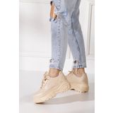 İmerShoes Günlük Kadın Bej Spor Ayakkabı Bağcıklı Kalın Hafif Yüksek Taban Sneaker 001