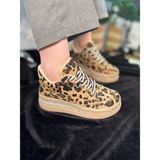 İmerShoes Günlük Kadın Leopar Sneaker Gizli Kalın Topuklu Taş Detaylı Oval Burun Bağcıklı Spor Ayakkabı F70