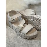İmershoes Günlük Kadın Sandalet Ayarlanabilir Tokalı Yüksek Kalın Topuklu Tırtıklı Tabanlı Bantlı 269 - Bej