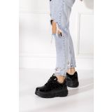 İmerShoes Günlük Kadın Siyah Rugan Spor Ayakkabı Bağcıklı Kalın Hafif Yüksek Taban Sneaker 001