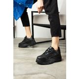 İmerShoes Günlük Kadın Siyah Sneaker Desenli Hafif Yüksek Taban Bağcıklı Spor Ayakkabı 001