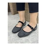 İmerShoes Günlük Kadın Siyah Süet Babet Tokalı Alçak Topuklu Gümüş Taşlı Yumuşak Rahat Ayakkabı 301