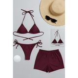 İmoda Kadın 3'lü Set Bordo Şortlu ve Yandan Bağlamalı Bikini Mayo Takımı - S - M
