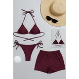 Imoda Kadın 3'lü Set Bordo Şortlu ve Yandan Bağlamalı Bikini Mayo Takımı