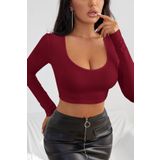 Imoda Kadın Bordo Uzun Kol Kare Yaka Crop Top Bluz