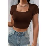 Imoda Kadın Kahverengi Yarım Kol Düz Yaka Crop Top Bluz