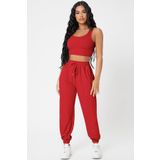 Imoda Kadın Kırmızı Kaşkorse Cepli Jogger Eşofman Altı ve Crop Top Bluz