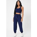 Imoda Kadın Lacivert Kaşkorse Cepli Jogger Eşofman Altı ve Crop Top Bluz