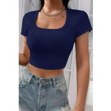 Imoda Kadın Lacivert Yarım Kol Düz Yaka Crop Top Bluz