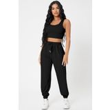 Imoda Kadın Siyah Kaşkorse Cepli Jogger Eşofman Altı ve Crop Top Bluz