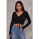 Imoda Kadın Siyah Uzun Kollu Büzdürme Bağcık Detaylı Crop Top Bluz