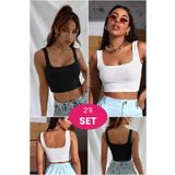 Imoda Kadın Siyah ve Beyaz 2'li Paket Askılı Crop Top Bluz