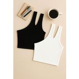 Imoda Kadın Siyah ve Beyaz 2'li Paket Tek Omuz Cut Out Detaylı Şık Crop Top Bluz