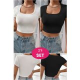 Imoda Kadın Siyah ve Beyaz 2'li Paket Yarım Kol Düz Yaka Crop Top Bluz