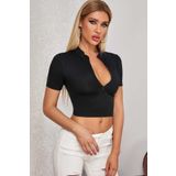 Imoda Kadın Siyah Yarım Fermuarlı ve Kısa Kollu Crop Top Bluz