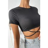 Imoda Kadın Siyah Yarım Kol Çapraz Bağlamalı Crop Top Bluz