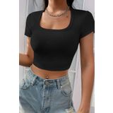 Imoda Kadın Siyah Yarım Kol Düz Yaka Crop Top Bluz
