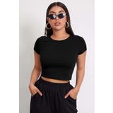 Imoda Kadın Siyah Yuvarlak Yaka Yarım Kol Crop Top Bluz