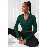 Imoda Kadın Yeşil Uzun Kol Fermuarlı Parmak Geçme Detaylı Dik Yaka Crop Top Bluz