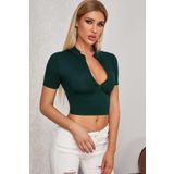 Imoda Kadın Yeşil Yarım Fermuarlı ve Kısa Kollu Crop Top Bluz