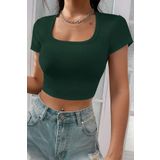 Imoda Kadın Yeşil Yarım Kol Düz Yaka Crop Top Bluz