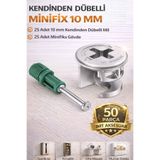 İMT AKSESUAR 10 mm Kendinden Dübelli Minifix Gövde ve Mil Seti - Mobilya Bağlantı Elemanı (50 Parça)