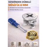 İMT AKSESUAR 8 mm Kendinden Dübelli Minifix Gövde ve Mil Seti - Mobilya Bağlantı Elemanı (100 Parça) Metalik
