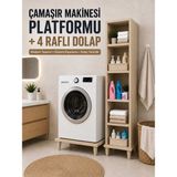İmt Aksesuar Çamaşır Makinesi Yükseltme Platformu + 4 Raflı Banyo Dolabı (Beyaz) Robot Süpürge Uyumlu Deterjan ve Havlu Düzenleme Ünitesi - Sonomo