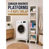 İmt Aksesuar Çamaşır Makinesi Yükseltme Platformu + 4 Raflı Banyo Dolabı (Beyaz) Robot Süpürge Uyumlu Deterjan ve Havlu Düzenleme Ünitesi