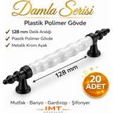 İmt Aksesuar Damla Lüks Polimer Mobilya Kulpu 128 mm Beyaz-Siyah 20 Adet Mutfak Dolabı Çekmece Vestiyer Kulpu