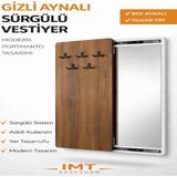 İmt Aksesuar Gizli Aynalı Sürgülü Vestiyer 100X45 cm Beyaz Duvar Tipi Portmanto Askılıklı Raylı Sistem Modern Antre Askılık - Ceviz