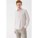İmza Bej Uzun Kollu Çizgili Biritli Yaka Pamuklu Likralı Casual Slim Fit Dar Kesim Gömlek 1004240233