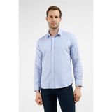 İmza Beyaz - İndigo Mavi Çizgili Desen Sert Yaka Uzun Kol Cepsiz Slim Fit Pamuklu Gömlek 1004255282 - Beyaz - Indigo - 2XL