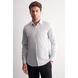 İmza Beyaz - Lacivert Sert Yaka Çizgili Desen Uzun Kol Slim Fit Esnek Gömlek 1004255177