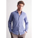 İmza Indigo Mavi - Beyaz Sert Yaka Çizgili Desen Uzun Kol Slim Fit Esnek Gömlek 1004255176 - XL
