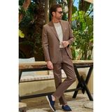 İmza Kahverengi Mono Yaka Keten 6 Drop Slim Fit Yarım Astar %100 Keten Takım Elbise 1001260164 - Sütlü Kahverengi - 52