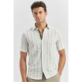 İmza Koyu Haki Kısa Kollu Çizgili Armürlü Garnili Pamuklu Casual Slim Fit Dar Kesim Gömlek 1004240244