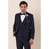 İmza Koyu Lacivert Çıkarılabilir Kırlangıç Yaka Yelekli 6 Drop Slim Fit Smokin Damatlık 1001225203 - 46