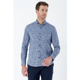 İmza Koyu Lacivert Uzun Kollu Baskılı Bez Ayağı Cepsiz Pamuklu Likralı Klasik Slim Fit Gömlek 1004235208