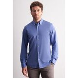 İmza Koyu Mavi Düğmeli Yaka Örme Uzun Kol Performans Ürün Slim Fit Esnek Gömlek 1004255270 - XL