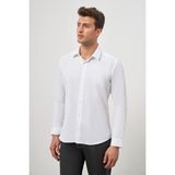 İmza Koyu Mavi Uzun Kol Kendinden Desenli Armürlü 032 Sert Yaka Classic Slim Fit Gömlek 1004245152 - Beyaz