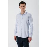 İmza Koyu Mavi Uzun Kollu Desenli Armürlü Sert Yaka Cepsiz Pamuklu Slim Fit Dar Kesim Gömlek 1004235171