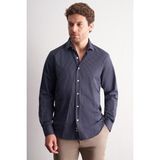 İmza Lacivert - Beyaz Yarım Italyan Yaka Çizgili Desen Uzun Kol Slim Fit Pamuklu Gömlek 1004255179 - XL