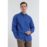İmza Lacivert-Lacivert Düğmeli Yaka Kareli Desen Uzun Kol Premium Slim Fit %100 Pamuk Gömlek 1004255187 - 2XL