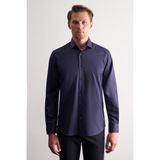 İmza Lacivert Yarım Italyan Yaka Saten Uzun Kol Slim Fit %100 Pamuk Gömlek 1004255188 - 2XL