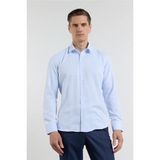 İmza Mavi-Beyaz Kendinden Desenli Sert Yaka Uzun Kol Cepsiz Slim Fit Pamuklu Gömlek 1004255214 - Mavi - Beyaz