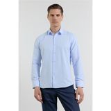 İmza Mavi Dokulu Sert Yaka Uzun Kol Cepsiz Slim Fit Pamuklu Gömlek 1004255283