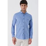 İmza Mavi Kısalabilir Kollu Desenli JakarlıCepsiz %100 Pamuk Casual Slim Fit Gömlek 1004230181 - Koyu Mavi